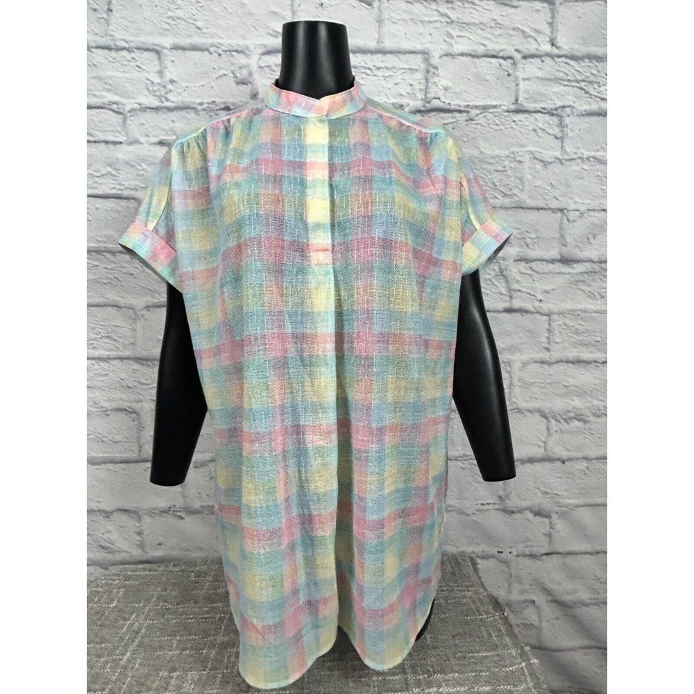 Lady Devon Women's Short Sleeve Knit Top Half Button Up Plaid Pastel Vintage 70s